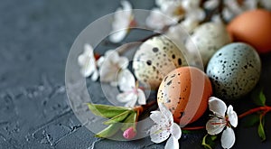 Pockmarked bird eggs with bloome sakura branches on gray painted background. Greeting card for Easter holidays.
