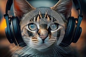 Pockmarked cat muzzle in headphones listening music. Abstract portrait, stylish design. photo