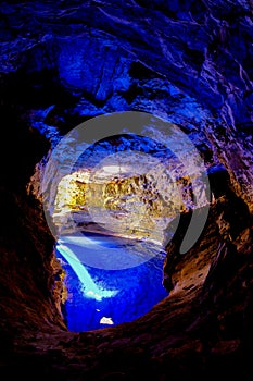 Poco Encantado, blue lagoon with sunrays inside a cavern in the Chapada Diamantina, Andarai, Bahia, Brazil photo