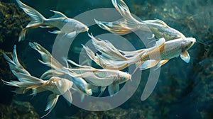 A pod of fabulously finned fish swims gracefully through the water their long flowing fins resembling the wings of a