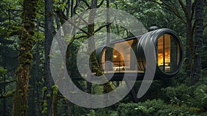 The pod hotel nestled in a majestic forest providing a serene and secluded escape for weary travelers. 2d flat cartoon