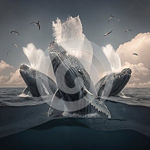 A pod of humpback whales breaching the surface of the ocean