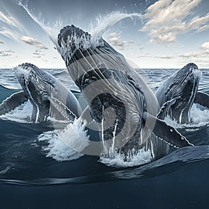 A pod of humpback whales breaching the surface of the ocean