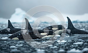 A pod of orca whales swimming gracefully in icy waters