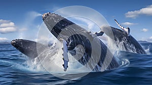 A pod of whales breaching in the deep blue ocean. AI Generative