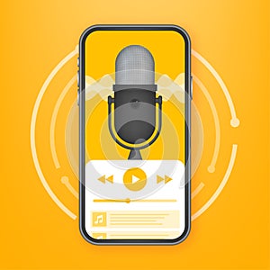 Podcast app, mobile ui. Recording, online broadcasting. Audio blog. Radio program. Vector stock illustration.