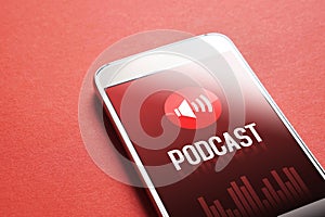 Podcast app on smartphone. Listening to sound and audio.