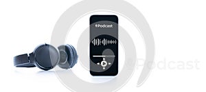 Podcast background. Mobile smartphone screen with podcast application, sound headphones. Audio voice with radio