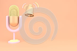 Podcast banner. Cartoon table-top microphone with copy space on background. 3D illustration.
