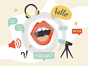 Podcast banner. Collection of podcasting symbols: microphone, headphones, loudspeaker, speech bubbles.