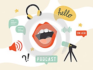 Podcast banner. Collection of podcasting symbols: microphone, headphones, loudspeaker, speech bubbles. photo