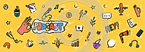 Podcast banner with logo and hand drawn design elements in doodle cartoon style