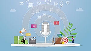 Podcast business concept with icon illustration and team people and money for finance with some goals with modern flat style -