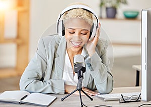 Podcast, computer and microphone black woman with broadcast, news update or live streaming music in office. Business