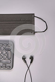 Podcast concept. Black microphone recorder, content notebook keypad