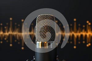 Podcast concept close up of golden microphone with sound waves