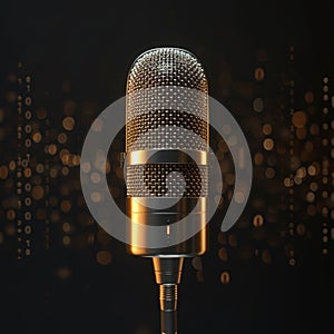 Podcast concept close up of golden microphone with sound waves