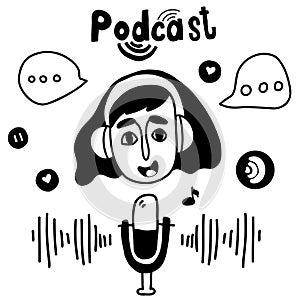 Podcast concept. Girl in headphones and badges, podcaster speaks into microphone. Set of illustrations about podcasting