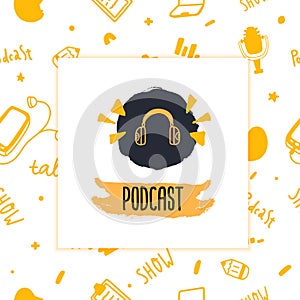 Podcast concept in grunge style. Live music. Karaoke icon. Speaker symbol.