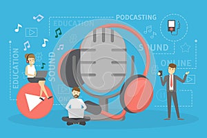 Podcast concept. Idea of podcasting studio and people photo