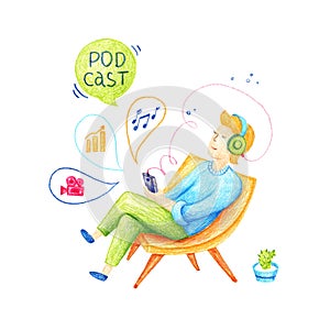 Podcast concept illustration: a man sitting on a chair with headphones and holding a phone. Boy is listening to a