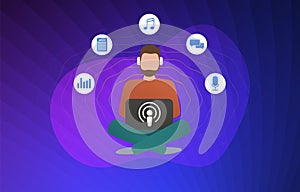 Podcast concept illustration. Man with headphones listens to the online streaming application. Podcasting Radio Services photo