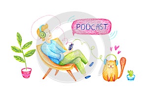 Podcast concept illustration. Webinar, online training, tutorial podcast concept. Young man listening to podcasting