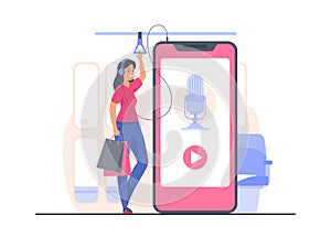 Podcast concept illustration. Woman listening podcast in public transport