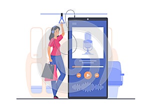 Podcast concept illustration. Woman listening podcast in public transport