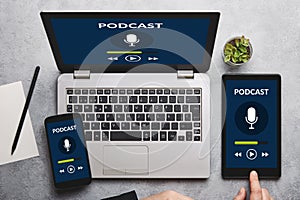 Podcast concept on laptop, tablet and smartphone screen