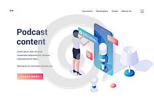 Podcast content. Isometric landing page template. Podcast live streaming. Vector illustration