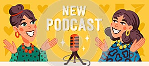 Podcast cover concept. Two joyful girls recording audio podcast or online show vector flat illustration