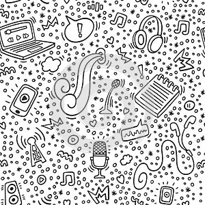Podcast doodle pattern with computer, microphone, headphones,phone, notebook outline. Online education and podcasts background. photo