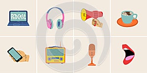Podcast elements in modern style flat, line style. Hand drawn vector illustration: laptop, headphones, mouthpiece, cup of coffee, photo