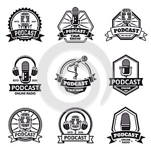Podcast emblems. Radio station, audio podcast and music studio labels, retro microphone podcast air. Radio podcast