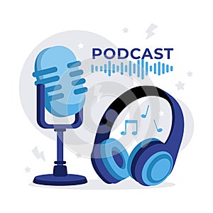 Podcast equipment with a microphone and headphones, ideal for content creation and audio broadcasting themes