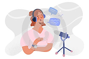 Podcast host recoding, streaming an series of online radio episode. Woman blogger in headset and microphone, making