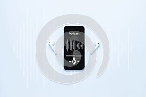 Podcast icon. Audio equipment with microphone, sound headphones, podcast application on mobile smartphone screen. Radio