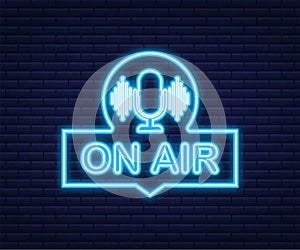 Podcast icon like on air live. Podcast. Badge, icon, stamp, logo. Radio broadcasting or streaming. Neon icon. Vector
