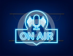 Podcast icon like on air live. Podcast. Badge, icon, stamp, logo. Radio broadcasting or streaming. Neon icon. Vector