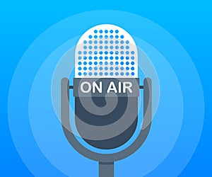 Podcast icon like on air live. Podcast. Badge, icon, stamp, logo. Radio broadcasting or streaming. Vector illustration.