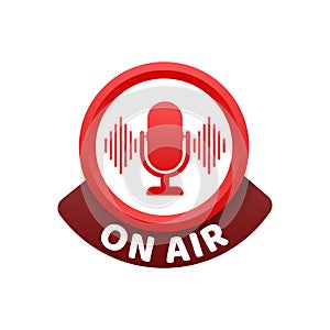 Podcast icon like on air live. Podcast. Badge, icon, stamp, logo. Radio broadcasting or streaming. Vector illustration.