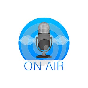 Podcast icon like on air live. Podcast. Badge, icon, stamp, logo. Radio broadcasting or streaming. Vector illustration.