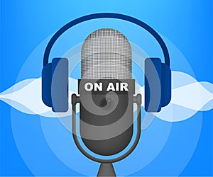 Podcast icon like on air live. Podcast. Badge, icon, stamp, logo. Radio broadcasting or streaming. Vector illustration.