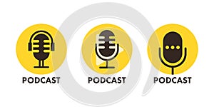 Podcast icon, logo. Studio table microphone with broadcast. Radio show. Audio blog. Vector illustration