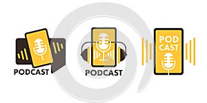 Podcast icon, logo. Studio table microphone with broadcast. Radio show. Audio blog. Vector illustration