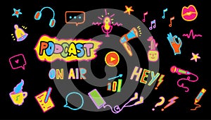 Podcast icons elements set wit doodle hand drawn vibrant fluo elements