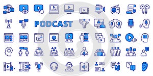 Podcast icons in line design, blue. Streaming, interviews, broadcasting, microphone, podcaster, broadcasts, talk, guests photo