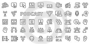Podcast icons in line design. Streaming, interviews, broadcasting, microphone, podcaster, broadcasts, talk, guests