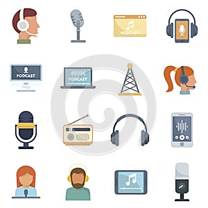 Podcast icons set flat vector isolated